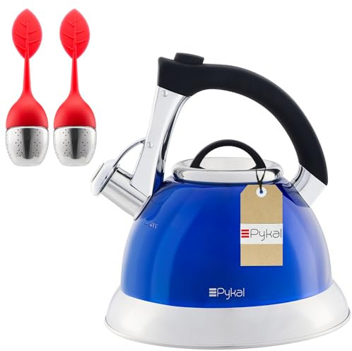 Pykal Bouilloire Sifflante pour Cuisinière - 2,8 L - Bouilloire à Thé avec Poignée iCool en Inox - Theiere Electrique 5 PLY avec 2 Infuseurs pour Feu à Gaz ou Induction - Bleu