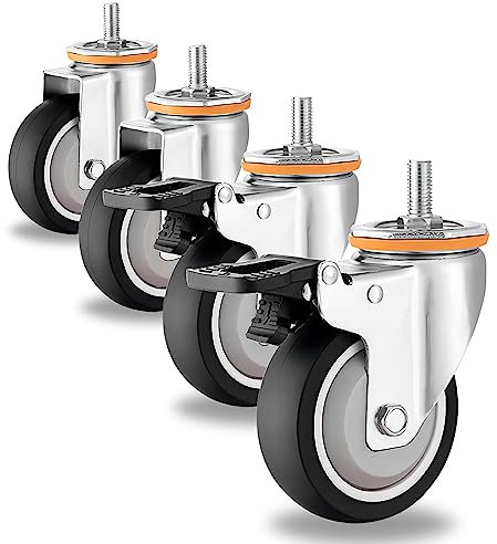 ESOYAWE M10 M12 Gewinde Vorbau Lenkrollen Ø 63 75 100 125 Mm Lenkrollen Mit Bremse 4 Stück, 360°Drehbar Keine Spuren & Leise TPR Gummirollen, Ersatzrollen Für Trolleys Möbel Werkbank