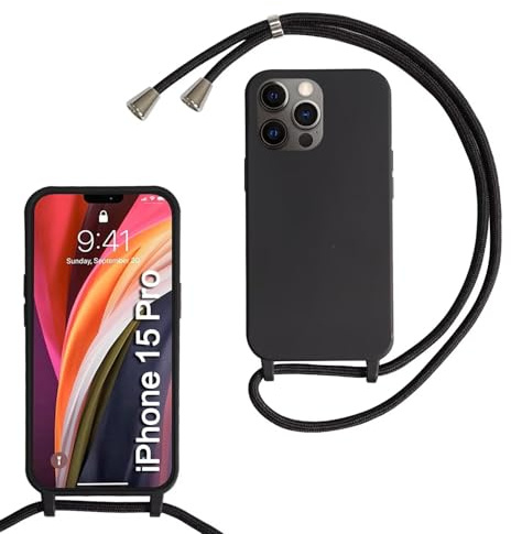MBSLFY Silikon Handykette für iPhone 15 Pro Hülle mit Band,Silikon Necklace Handyhülle mit Abnehmbar Kordel zum Umhängen Stossfest Bumper Handy Schutzhülle für iPhone 15 Pro, Schwarz