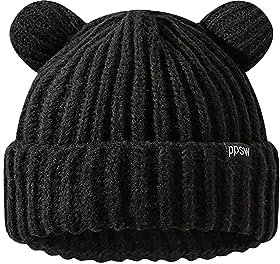 VPTMRP Strickmütze mit Bärenohren, warm, lässig, gehäkelt, Schwarz, M/L