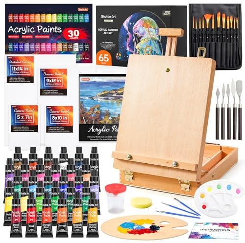 Shuttle Art 65 Piezas Kit Pintura Acrílica, Caballete Pintura con 30 Colores Tubos de Pintura Acrílica, Lienzo, Pinceles y Paleta, Maletin Pinturas para Niños, Adultos, Artistas