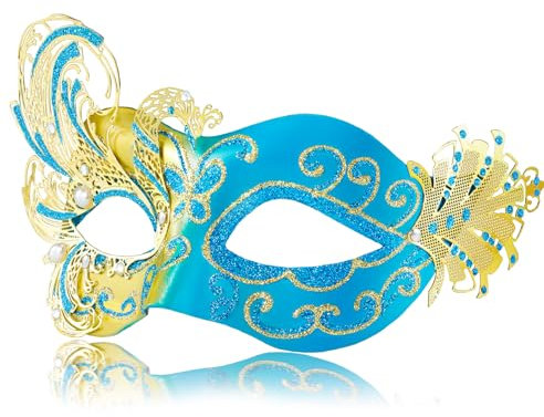 MYSEUNI Damen-Venezianische Maske Türkisblau | Elegante Handbemalt Phoenix Maskenball Maske - Für Hochzeiten & Karneval passend, Halloween & Kostümpartys