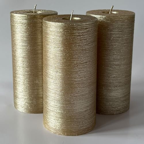 Memoward Stumpenkerzen,Kerzen Groß 3er Set,Lange Brenndauer ca.75+ Std,Saubere Verbrennung,Unparfümiert,für Haushalt,Feiern und Gastronomie Deko,(7.5 x 15 cm-3er,Gold Metallic horizontaler Streifen)