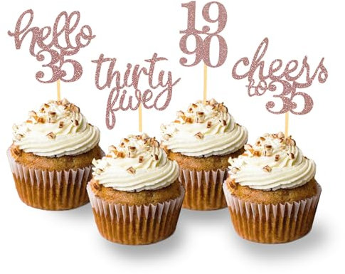 24 Stück Glitzer 35. Geburtstag Cupcake Toppers, Geburtstagsdeko 35 von 1990 für 35. Geburtstag Junge, 35 Geburtstagsfeier Zubehör Party Dekoration Kuchendekoration (Rose Gold)