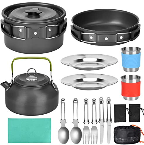 DUOJIN Set Pentole da Campeggio 1-2 Persone Set Stoviglie Campeggio Kit di pentole da Campeggio per Cucina per Barbecue,Campeggio, Arrampicata,Trekking