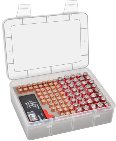Againmore Battery Storage Organizer Box with Battery Tester, Garage Caddy Case Holder Container Bag Holds 90+ Batteries 40 AA, 50 AAA (Batteries Not Include)