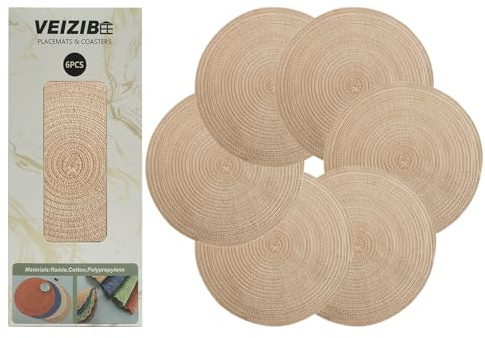Tovagliette intrecciate, lavabili anche come sottobicchieri, tappetini rotondi, in stile europeo, materiale naturale, tessuto a mano, in tessuto (beige, 36 cm, 6 pezzi)