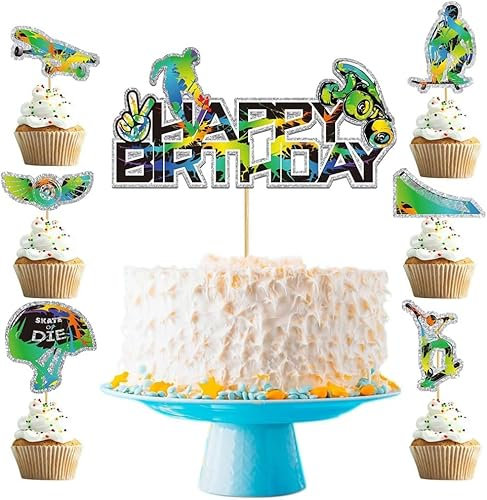 Goldenland Skateboarding Tortendekorationen Farbig 1 Groß Happy Birthday Cake Topper und 12 Stück Skateboard-Zubehör Cupcake für Outdoor-Sportarten Thema Kuchen Deko Kinder Geburtstagsparty Dekoration