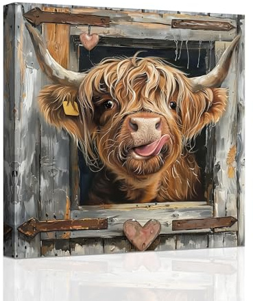ZXHYWYM Highland Cow Bild lustige Highland Cattle Kunstdrucke Vintage Kuh Malerei Leinwand Badezimmer Bauernhaus Küche Home Decor mit Rahmen (30.00 x 30.00 cms)