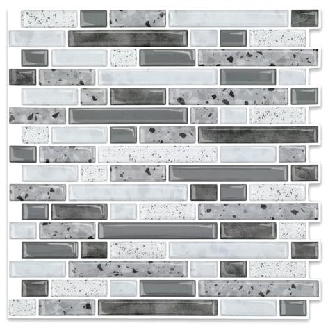 Yipscazo 10 Sheet 12''x12'' Peel and Stick Backsplash Tile for Kitchen Adhesive Stick on Backsplash Laundry Bathroom Textured Vinyl Sticker Wallpaper Smart Tile in Gray White