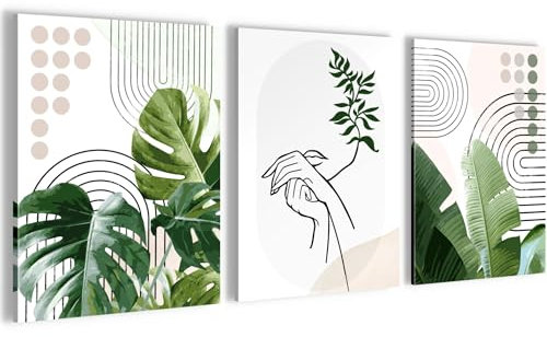 Novart Wandbilder Set Abstrakt Figuren Blätter - KOMPLETT AUFHÄNGFERTIG - Wohnzimmer Schlafzimmer Flur Deko - 3 Moderne Bilder Beige Weiss Grun - N034335a