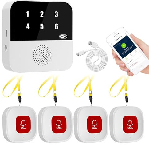 Notrufknopf für Senioren Notruf Kabellos Notfallknopf,Hausnotruf intern,Kompatibel mit Tuya Smart/Smart Life,(Unterstützt Wi-Fi 2.4GHz) WiFi Smart SOS Funkalarm Set (4 Sender 1 Empfänger)