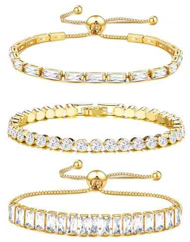 JeweBella 3 Stück Tennis Armband Damen Gold Silber Zirkonia Verstellbarer Armbänder Glitzer Armband Stapel Tennisarmband Set