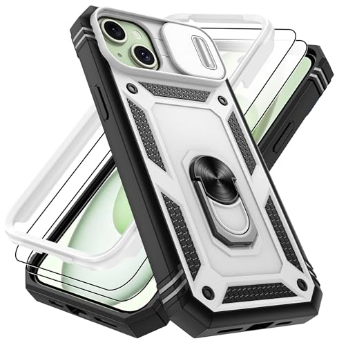 Pilaru 3 in 1 for iPhone 15 Plus Case |With Front Frame| 2 Screen Protector[Separate] & Kickstand Ring & Camera Cover Military Grade Drop Shockproof Protection for iPhone 15 Plus Phone,White/Black