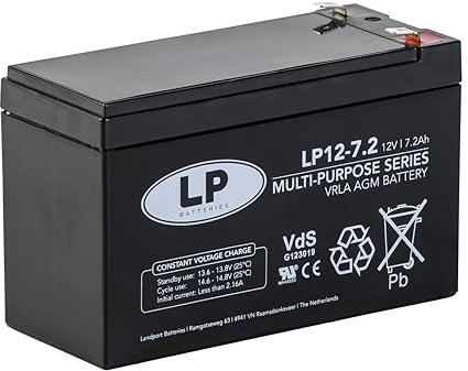 Landport - Batteria AGM 12 V 7,2 Ah LP12-7,2 VdS – Batteria al piombo-acido senza manutenzione, alta affidabilità, terminale T2/F2 – Batteria Sistemi di sicurezza, UPS, energia di backup (confezione