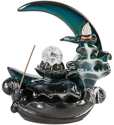 ZONSUSE Brûleur D'encens Cascade Lune, Porte-encens Refoulement Lunaire, Support Encens Céramique Moon Scenery, avec Décoration de Boule de Cristal, pour Cadeau D'aromathérapie Décoration (Lune)