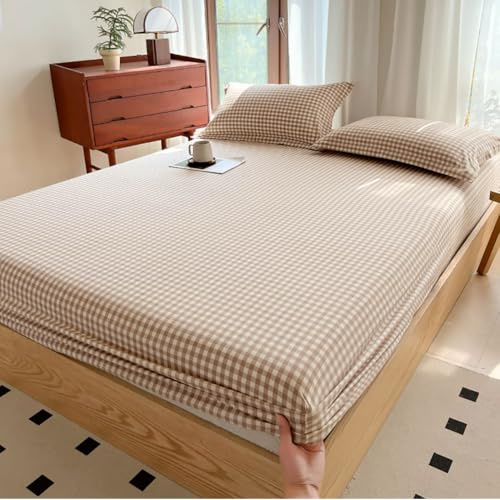Hellbraunes Gingham-Spannbetttuch, 100% Gewaschene Baumwolle, Taupe, kariert, Queen-Size-Bettlaken, Gittermuster, Einzelbettlaken mit 38,1 cm tiefer Tasche, Gingham-Bettwäsche, Gittertuch, 1 Stück