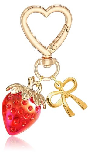 Cosmeria Erdbeeren Schlüsselanhänger, Süßer Taschen Anhänger mit Herz und Schleife, Schlüsselband für Damen und Mädchen