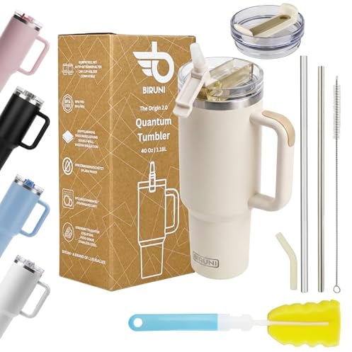 Tumbler with Straw and 2 Lids (2 in 1 & Leakproof Lid) – 1182 ml Stainless Steel Double Wall Vacuum Insulated Cup Travel Mug with Handle (Beige)