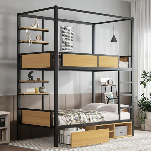 Huayz Letto in ferro a castello, 90 x 200 cm, letto a soppalco con protezione anti-caduta e spazio di archiviazione, con 2 cassetti e scaffale, recinzioni e scale stabili, per bambini, ragazzi e