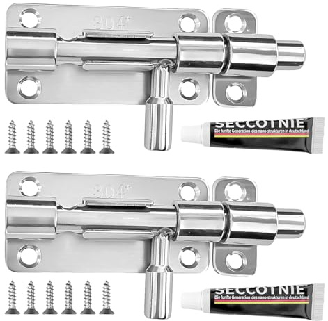 Stainless Steel Door Bolt 4 Inch, Pack of 2 Lockable Sliding Latch with 12 Screws, Rustproof Security Lock for Gate, Window, and Fence(Silver)