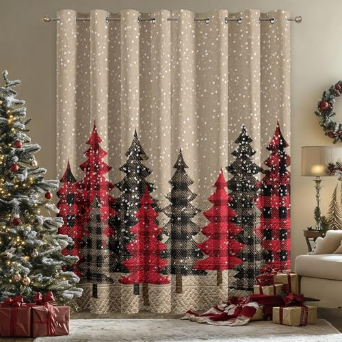 Generisch Vorhänge Weihnachtsbaum, Winter Weihnachten Vorhang Blickdicht mit Ösen, Gardinen Wohnzimmer Schlafzimmer Weihnachtsdeko, Verdunklungsvorhänge 2er Set, H245 x B140 cm