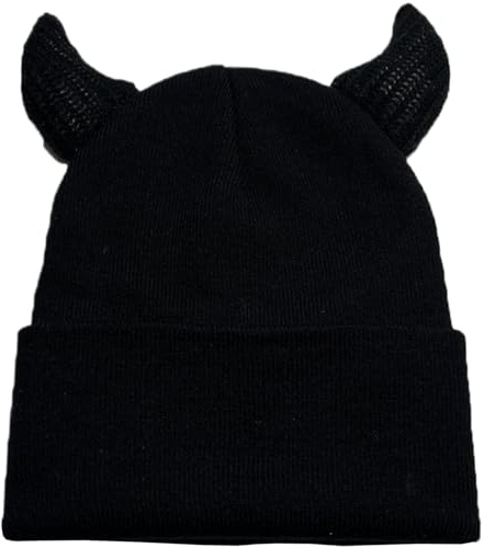 Odoukey Teufelshorn-Mütze 9, 1 x 7, 9, kuschelig warme Acryl-Strickmütze für Herren mit Hörnern, Bequeme Passform, Dehnbare Gothic-Mütze für Winter-Outfit