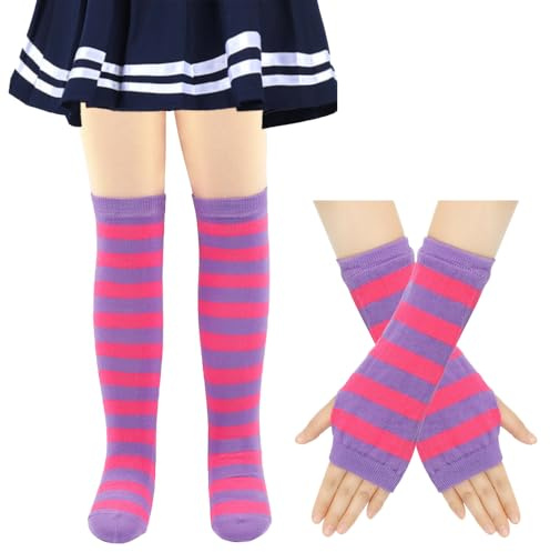 Kinder Kniestrümpfe Oberschenkel Hohe Socken fingerlose Handschuhe Set | Armstulpe Beinwärmer Gestreifte Overknees Strümpfe Kniehohe Socken Kostüm für Halloween Karneval Cosplay,Violett Rosarot