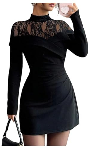 GORGLITTER Women's Lace Sheer Mock Neck Pencil Mini Dresses Long Sleeve Ruched Bodycon Elegant Club Dress Black Large