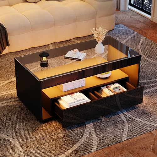 BTM High Gloss Coffee Table with Open Storage, LED lights, Centre Table with glass tabletop, Sofa Side Table with 2 drawers, Coffee End Table with LED for Living Room, Office, 100 * 50 * 40cm, Black