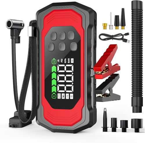 Eigotrav 9000A Starthilfe Powerbank mit 150PSI Kompressor, 9-in-1 Booster Auto Starthilfe (alle Benzin und 14L Diesel), 12V Jump Starter mit Elektrische Luftpumpe/Vakuumpumpe, 30W Schnellladung