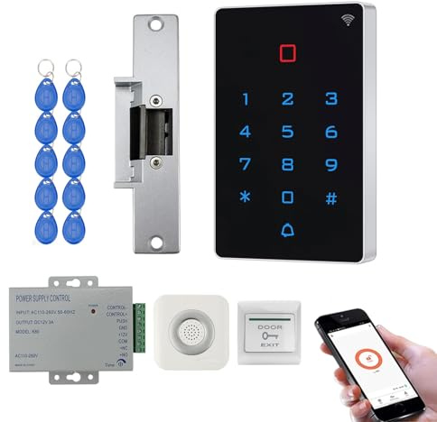Tuya WiFi Zutrittskontrollsystem Set mit Codeschloss – IP68 Codetaster, 4 Öffnungsarten mit App-Fernsteuerung, 125kHz, DC12V, WG26/34, inkl. Netzteil,Exit-Taster,Klingel,Elektrotüröffner, 10RFID Tags