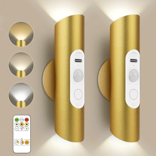 Lacasa Lampada da Parete con Sensore di Movimento con Telecomando, 3 Colori Dimmerabile Applique da Parete Senza Fili Interno, Ricaricabile Su e Giù LED Moderno Applique, 2 Pezzi, Oro Alluminio