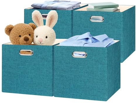 Posprica Collapsible Storage Bins,13×13 Foldable Storage Cube Boxes Fabric Drawer Fabric Storage Bins Vinyl Record Cubby Cubes with Handles for Bookcase, Closet, Shelf, Cabinet, 4 Pack