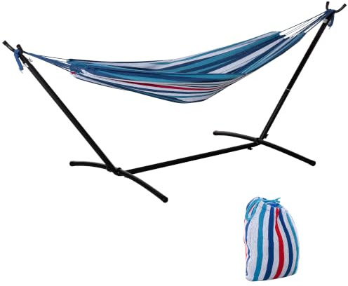 Outsunny Hängematte für den Garten, 310 x 117 cm, höhenverstellbar, mit Ständer, Belastbarkeit 120 kg, freistehende Hängematte mit Tragetasche, für Camping, Garten, Balkon, Terrasse, blau und weiß