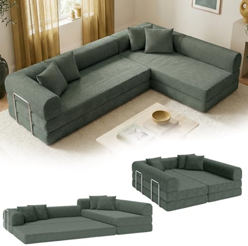 skølm Lofn Ecksofa 4-Sitzer 300 cm, Cord Dunkelgrün, L-Form, mit 4 Kissen | Klappsofa, ausklappbar zum Schlafsofa/Bodensofa, modulare Vollschaumcouch mit Stahlgestell, vakuumverpackt, Wohnlandschaft