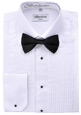 Berlioni Italy Men's Tuxedo Dress Shirt with Bow-Tie (Lay-Down 135, XL (17-17½) Sleeve: 36/37)