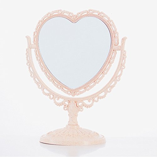 Honfitat Make-Up-Spiegel 2 Side Comestic Rotat Stand Tisch Kunststoff-Dresser Herz-Form-Spiegel Kosmetik-Tool-Beige