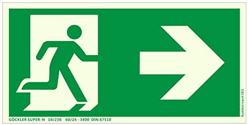 Hochwertiges Notausgangsschild stark langnachleuchtend + Aluminium selbstklebend nachleuchtend SUPER-N - Pfeil RECHTS - Notausgang Schild grün – DIN 67510 / ISO 7010 (300 x 150 mm)