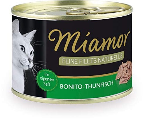 MIAMOR - Feine Filets Naturelle | Nassfutter für ausgewachsene Katzen mit Filetstückchen im eigenen Saft. Fettarmes Ergänzungsfutter in der Dose ohne künstliche Zusätze | 12x156g Bonito-Thunfisch
