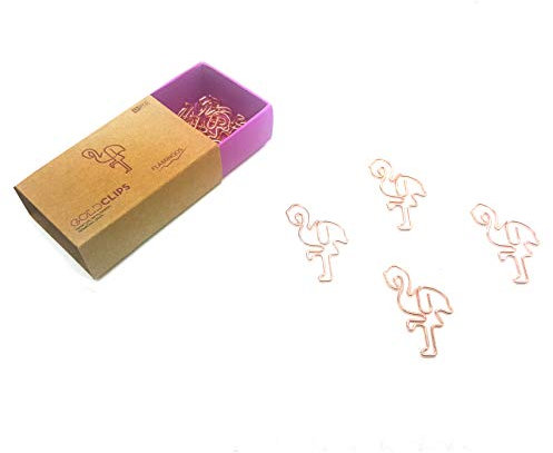 DESIGNMANUFAKTUR BERLIN GOLDCLIPS niedliche süße Deko Clips Büroklammern Heftklammern Lesezeichen Paperclip rose vergoldet in schöner Verpackung, Motiv Flamingo