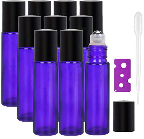 Yalbdopo Essential Oil Roller Bottles - 10 Pcs, 10ml Refillable Purple Glass Roll on Bottles with Black Lids, 12 Pcs Label, Dropper & Opener Included - Perfect for Fragrance, Lotion, Aromatherapy