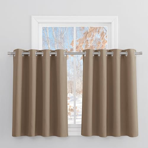 PONY DANCE Verdunklungsvorhänge mit Ösen 2 Stücke Scheibengardine Blickdicht Thermovorhang Kurze Gardinen Küche / Badezimmer Fenster, H 90 x B 132 cm, Cappuccino