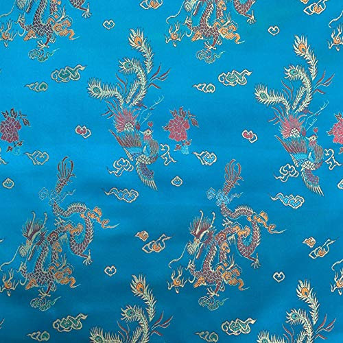 Brokat-Stoff, chinesischer Drache, bestickt, seidig, Satin, orientalisches Bastelmaterial, 90 cm breit, Meterware (türkis)