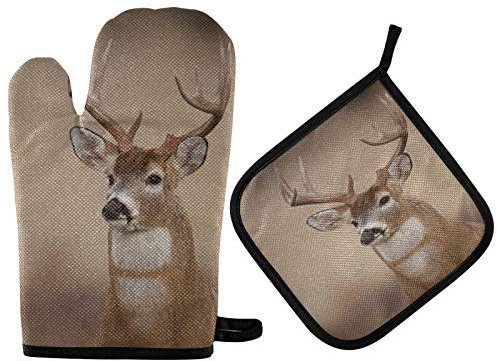 Mnsruu Ofenhandschuh und Topflappen im Vintage-Stil, Motiv: Hirsch, hitzebeständig, Küchenhandschuh zum Kochen, Backen, Grillen, Grillen