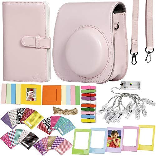 Revefilms, Instax Mini 12 and 11 Pink Accessories - Case, Album, LED Tweezers, Strap, Stickers and Frames - Compatible with Instax Mini
