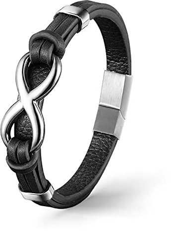 UNIQAL | Unendlichkeit Leder Armband INFINITY Herren | Edelstahl/Echtleder Schwarz und Braun + Geschenk Etui box (Silver, 21)