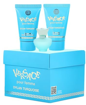 Versace Dylan Turquoise Damen Mini Parfüm drei teiliges Geschenk Set (5ml EDT Zerstäuber, 23ml Körpergel & 23ml Duschgel)