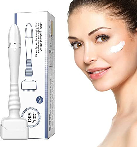 Dermaroller Edelstahl Wiederverwendbar Microneedling Roller Stempelstift mit Verstellbarer 140er Spitze 0-3.0mm für Falten Aknenarben Dehnungsstreifen Anti-Aging