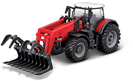 Bburago Die-Cast Massey FERGUSSON 8740S Traktor mit funktionierendem Frontlader und Greifer – Nachbildung zum Sammeln, Modell 1:50, Rot
